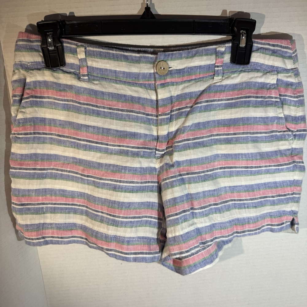 St. Tropez West Linen Stripe Shorts Blue Pink White Flat Front Pockets Size 4